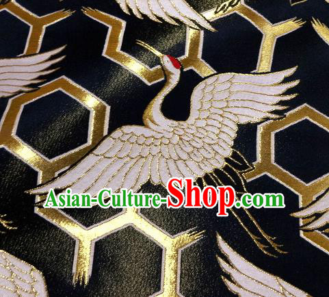 Asian Japanese Traditional Kimono Classical Cranes Pattern Black Tapestry Satin Brocade Fabric Baldachin Silk Material