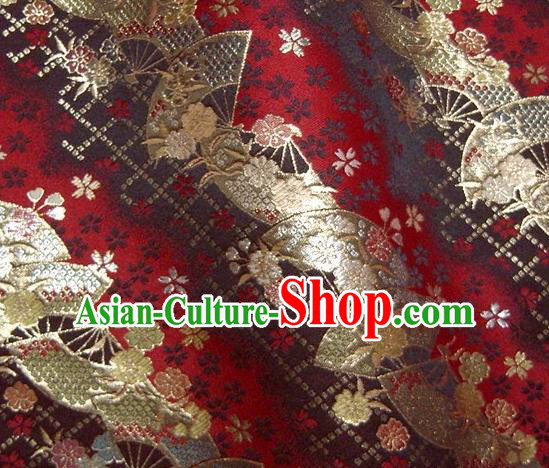 Asian Japanese Traditional Kimono Classical Fan Pattern Red Tapestry Satin Brocade Fabric Baldachin Silk Material