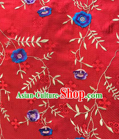 Asian Traditional Fabric Classical Embroidered Flowers Pattern Red Brocade Satin Silk Material