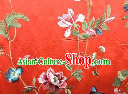 Asian Traditional Fabric Classical Embroidered Peony Pattern Red Watered Gauze Brocade Chinese Satin Silk Material