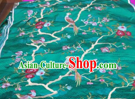 Asian Traditional Fabric Classical Embroidered Bird Flowers Pattern Green Brocade Chinese Satin Silk Material