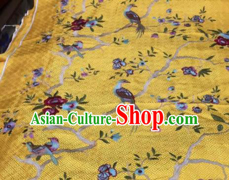 Asian Traditional Fabric Classical Embroidered Bird Flowers Pattern Yellow Brocade Chinese Satin Silk Material