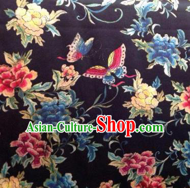 Asian Traditional Fabric Classical Butterfly Flowers Pattern Black Brocade Chinese Satin Silk Material