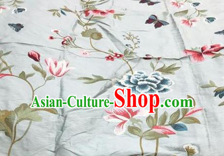 Asian Traditional Fabric Classical Embroidered Peony Butterfly Pattern Blue Brocade Chinese Satin Silk Material