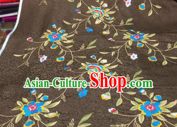 Asian Traditional Fabric Classical Embroidered Peony Flowers Pattern Brown Brocade Chinese Satin Silk Material