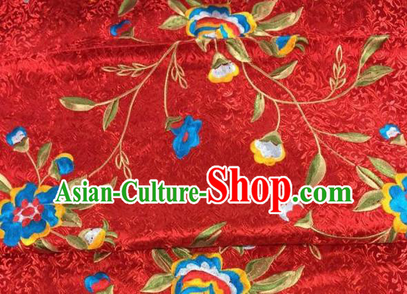 Asian Traditional Fabric Classical Embroidered Peony Flowers Pattern Red Brocade Chinese Satin Silk Material