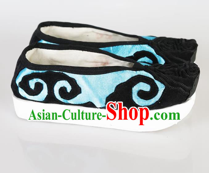 Traditional Chinese Beijing Opera Pantaloon Embroidered Shoes Ancient Hanfu Blue Shoes for Women