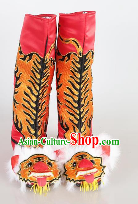Traditional Chinese Beijing Opera Takefu Embroidered Red Boots Ancient Swordsman Shoes for Men