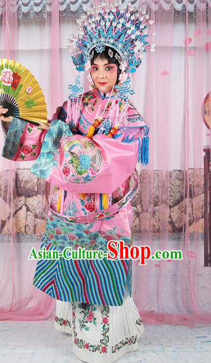 Chinese Traditional Beijing Opera Queen Pink Embroidered Robe Ancient Palace Lady Costume for Women