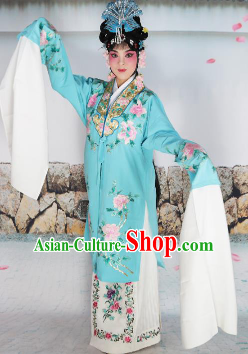 Chinese Traditional Beijing Opera Blue Embroidered Robe Ancient Palace Princess Costume for Women