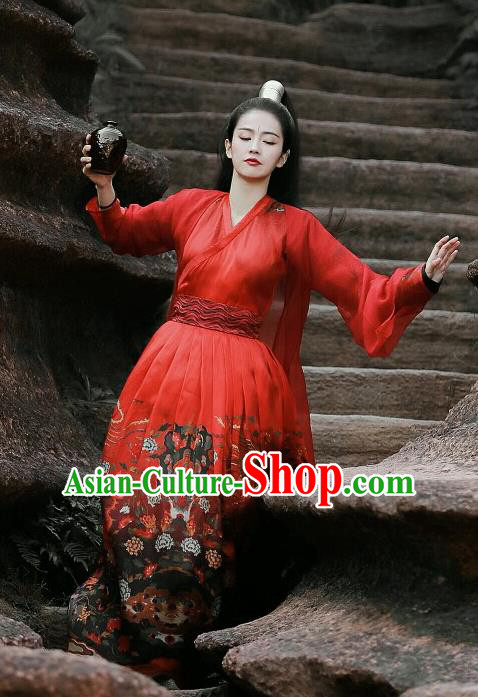 Chinese Drama Zhao Yao Female Castellan Traditional Costume Ancient Swordswoman Red Hanfu Dress for Women