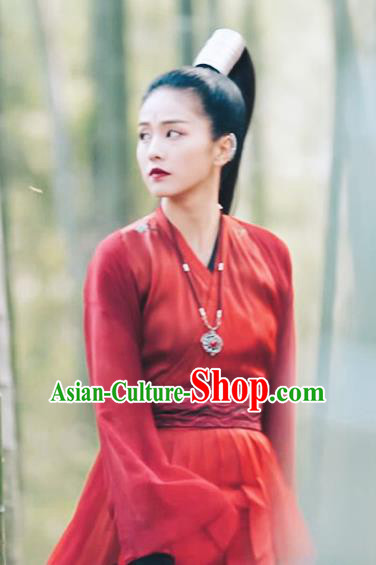 Chinese Ancient Female Knight Red Hanfu Dress Drama Zhao Yao Swordswoman Traditional Costume and Headpiece for Women