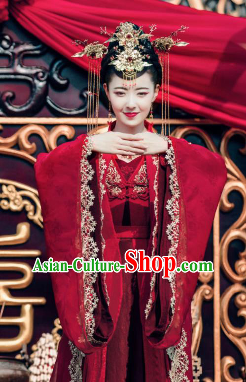 Chinese Ancient Princess Red Hanfu Dress Drama Zhao Yao Bride Traditional Wedding Costume and Headpiece Complete Set