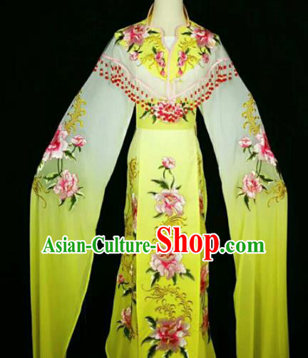 Traditional Chinese Peking Opera Peri Embroidered Peony Yellow Dress Ancient Court Princess Costume for Women