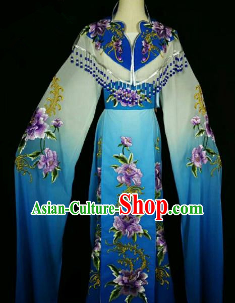 Traditional Chinese Peking Opera Peri Embroidered Peony Blue Dress Ancient Court Princess Costume for Women