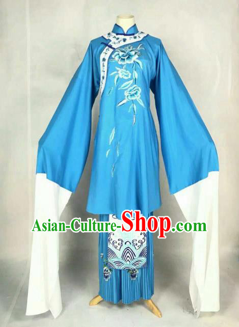 Traditional Chinese Peking Opera Court Maid Embroidered Blue Dress Ancient Maidservants Costume for Women