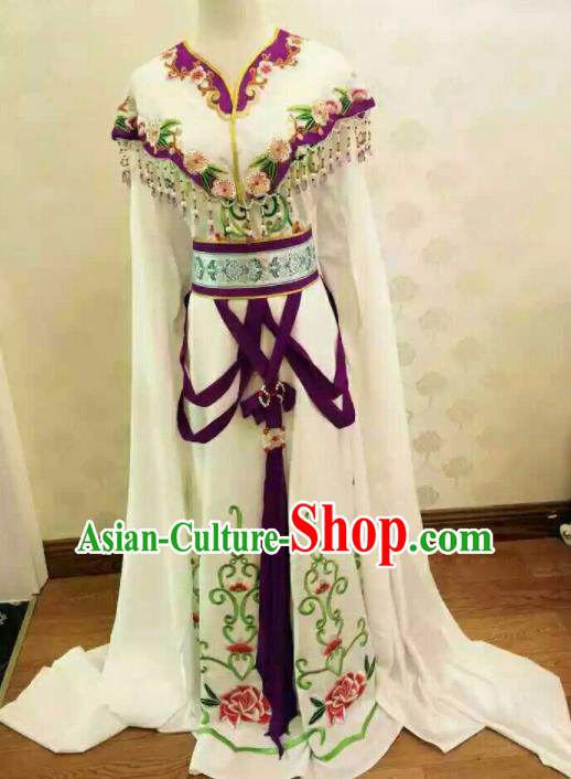 Chinese Traditional Peking Opera Artiste Costume Ancient Princess Embroidered White Dress for Women