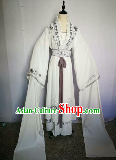 Chinese Traditional Peking Opera Artiste Costume Ancient Peri Embroidered White Dress for Women