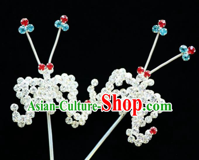 Chinese Ancient Princess Crystal Bats Hairpins Traditional Peking Opera Artiste Hair Accessories for Women