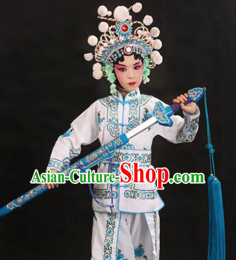 Professional Chinese Traditional Beijing Opera Blues Costume Ancient Swordswomen White Clothing for Kids