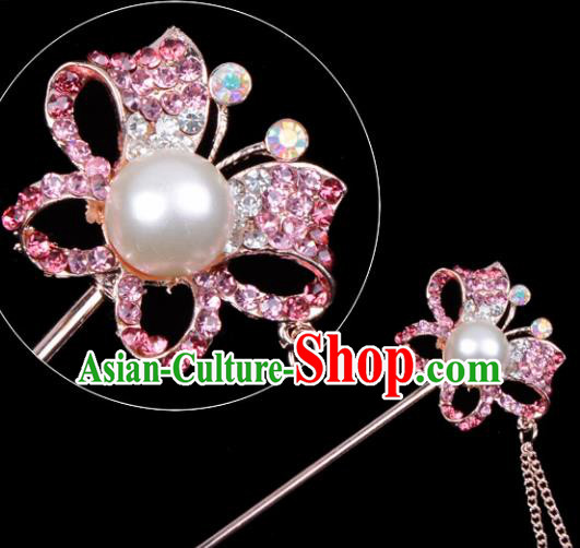 Professional Chinese Traditional Beijing Opera Hair Accessories Ancient Princess Pink Crystal Butterfly Hairpins for Women
