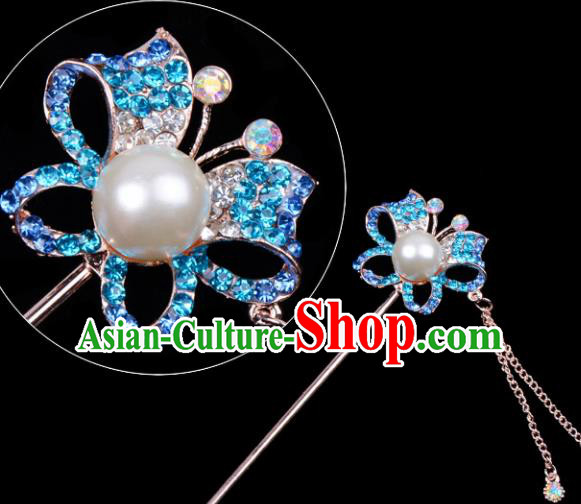 Professional Chinese Traditional Beijing Opera Hair Accessories Ancient Princess Blue Crystal Butterfly Hairpins for Women