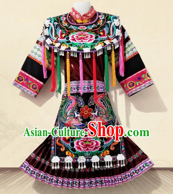 Chinese Traditional Ethnic Folk Dance Costume Miao Nationality Embroidered Dress for Women