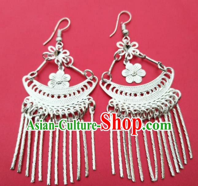 Chinese Traditional Ethnic Ear Accessories Miao Nationality Silver Flower Tassel Earrings for Women
