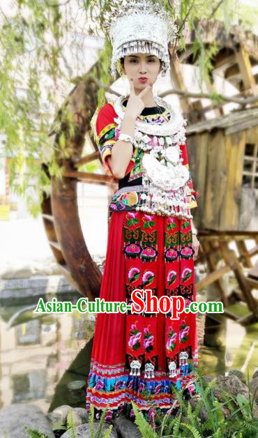 Chinese Traditional Ethnic Folk Dance Costume Miao Nationality Bride Wedding Red Embroidered Dress for Women