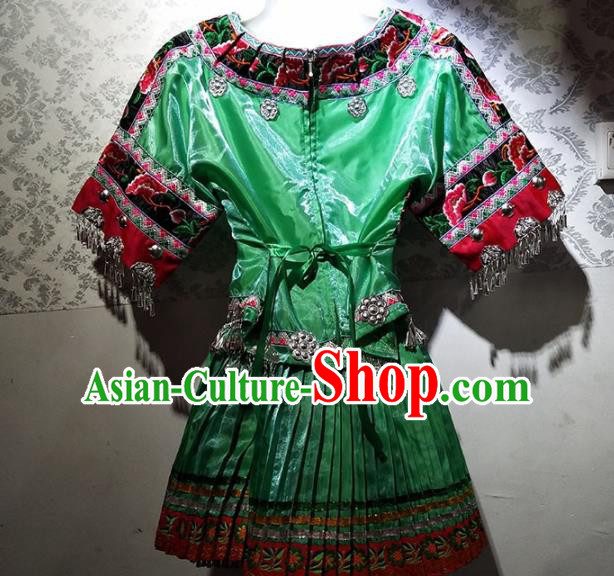 Chinese Traditional Hmong Ethnic Folk Dance Costume China Miao Nationality Embroidered Green Dress for Women