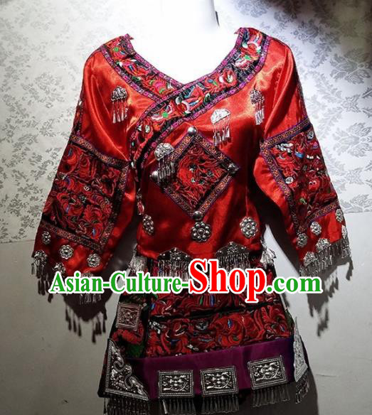 Chinese Traditional Hmong Ethnic Folk Dance Costume China Miao Nationality Embroidered Red Dress for Women