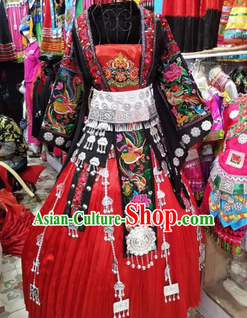 Chinese Traditional Hmong Ethnic Wedding Costume China Miao Nationality Folk Dance Embroidered Red Dress for Women