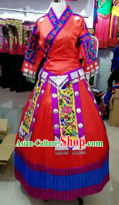 Chinese Traditional Hmong Ethnic Costume Miao Nationality Folk Dance Red Dress for Women