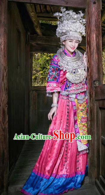 Chinese Traditional Hmong Ethnic Costume Miao Nationality Folk Dance Wedding Dress and Headdress for Women