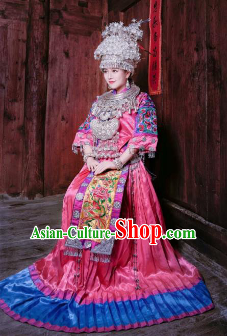 Chinese Traditional Hmong Ethnic Costume Miao Nationality Folk Dance Wedding Dress and Headdress for Women