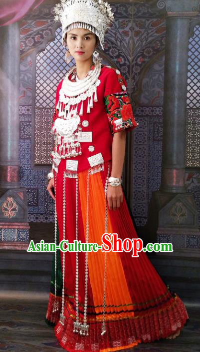 Chinese Traditional Hmong Ethnic Female Costume Miao Nationality Folk Dance Dress and Headdress for Women