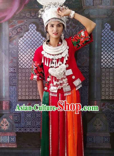 Chinese Traditional Hmong Ethnic Female Costume Miao Nationality Folk Dance Dress and Headdress for Women