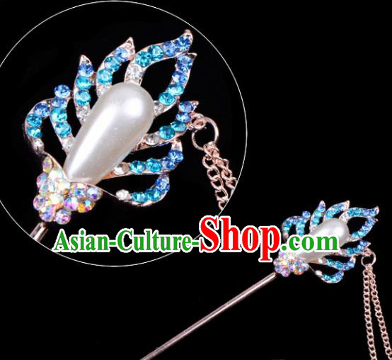 Professional Chinese Traditional Beijing Opera Hair Accessories Ancient Princess Blue Crystal Hairpins for Women