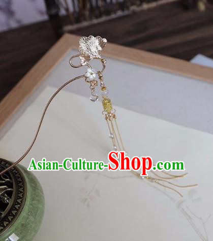 Chinese Traditional Hanfu Hair Accessories Golden Ginkgo Leaf Hair Clip Ancient Princess Tassel Hairpins for Women