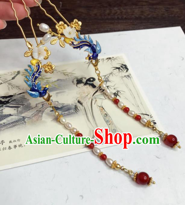 Chinese Ancient Princess Blueing Phoenix Tassel Hairpins Traditional Hanfu Hair Accessories for Women