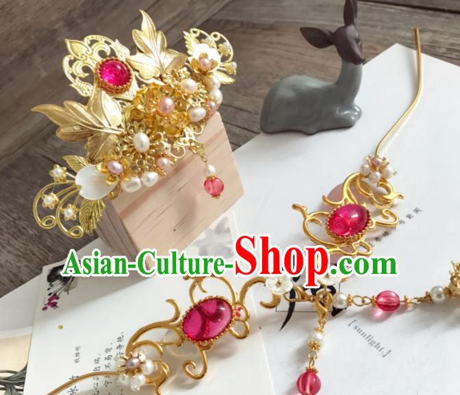 Chinese Ancient Princess Pearls Golden Hair Crown Hairpins Traditional Hanfu Hair Accessories for Women