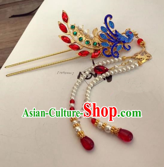 Chinese Ancient Princess Blueing Phoenix Tassel Hairpins Traditional Hanfu Hair Accessories for Women