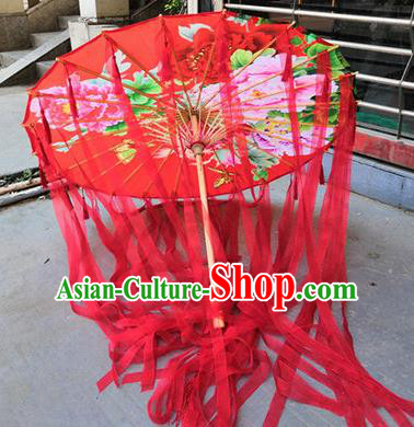 Chinese Ancient Drama Prop Red Ribbon Umbrella Traditional Handmade Umbrellas