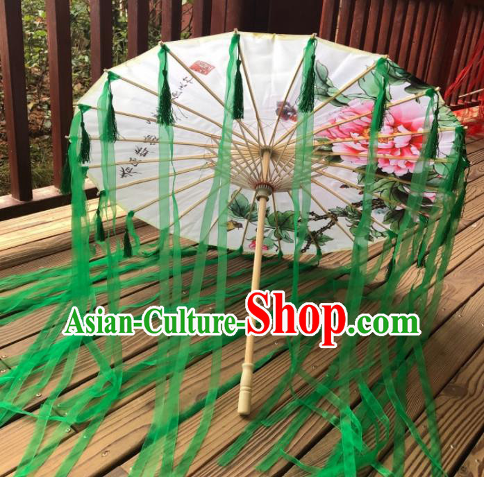 Chinese Ancient Drama Prop Printing Umbrella Traditional Handmade Green Ribbon Umbrellas