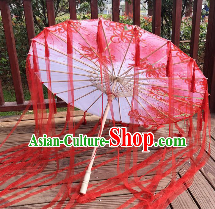 Chinese Ancient Drama Prop Printing Silk Umbrella Traditional Handmade Red Ribbon Umbrellas