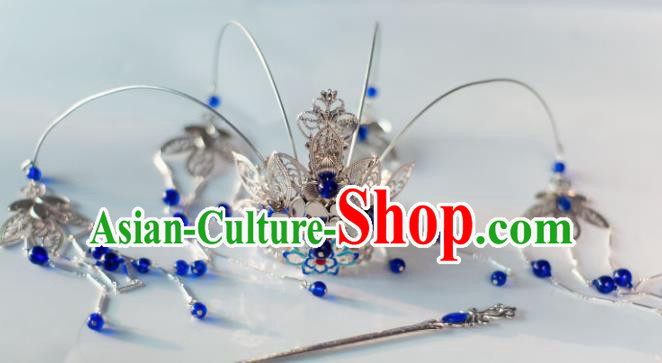 Chinese Ancient Princess Royalblue Beads Tassel Phoenix Coronet Hairpins Traditional Hanfu Hair Accessories for Women