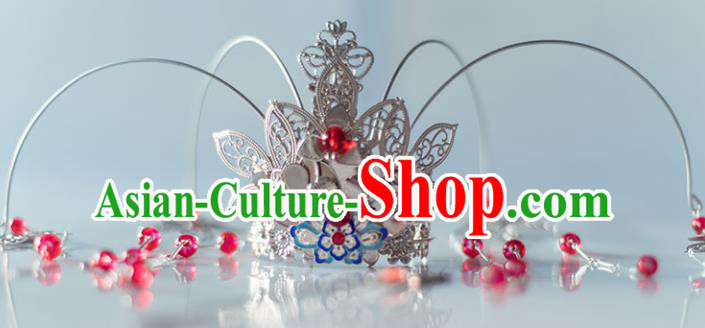 Chinese Ancient Princess Red Beads Tassel Phoenix Coronet Hairpins Traditional Hanfu Hair Accessories for Women