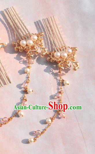 Chinese Ancient Princess Golden Hair Combs Tassel Hairpins Traditional Hanfu Hair Accessories for Women