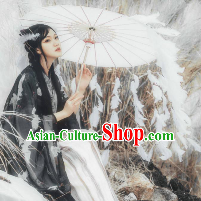 Chinese Ancient Princess Feather Tassel Umbrella Traditional Handmade Hanfu Paper Umbrellas for Women