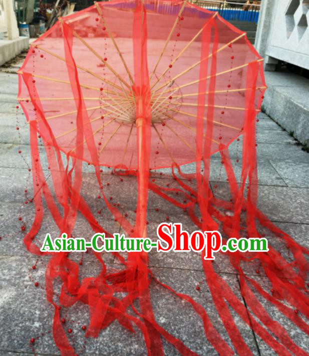 Chinese Ancient Princess Umbrella Traditional Handmade Red Ribbon Umbrellas for Women